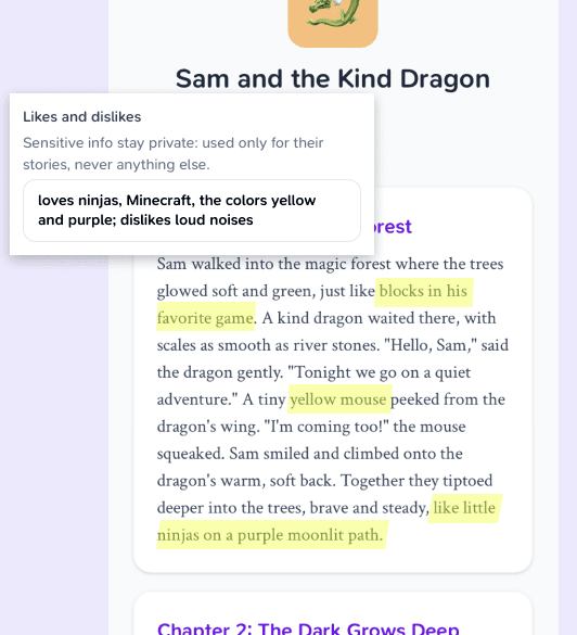 settings page showing child name, pronouns, likes, and dislikes