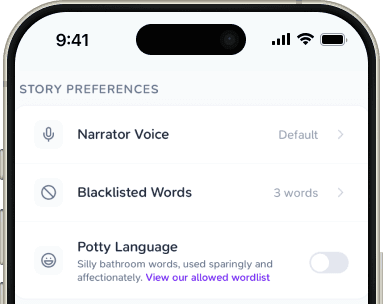 settings page showing preferences for narrator voice, word selection